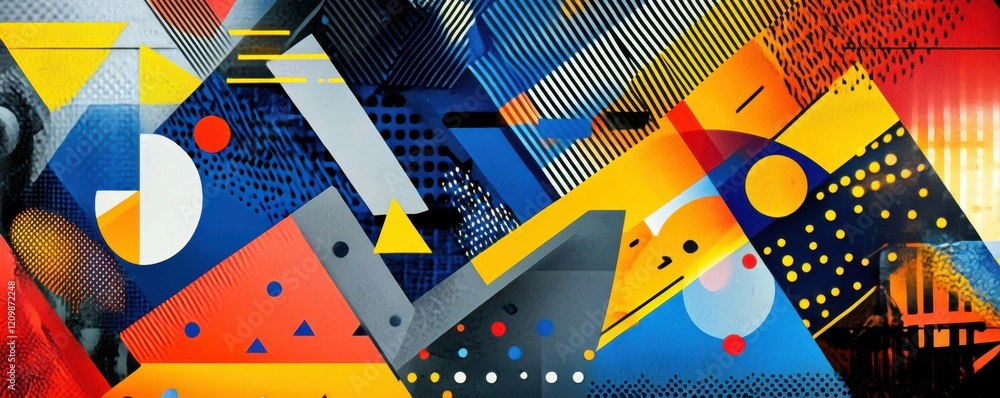 Poster artistic composition of abstract geometric patterns with vibrant colors.
