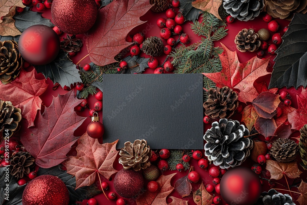 Poster a close-up and overhead shot of a black card with leaves pine cones and ball ornaments on a red back