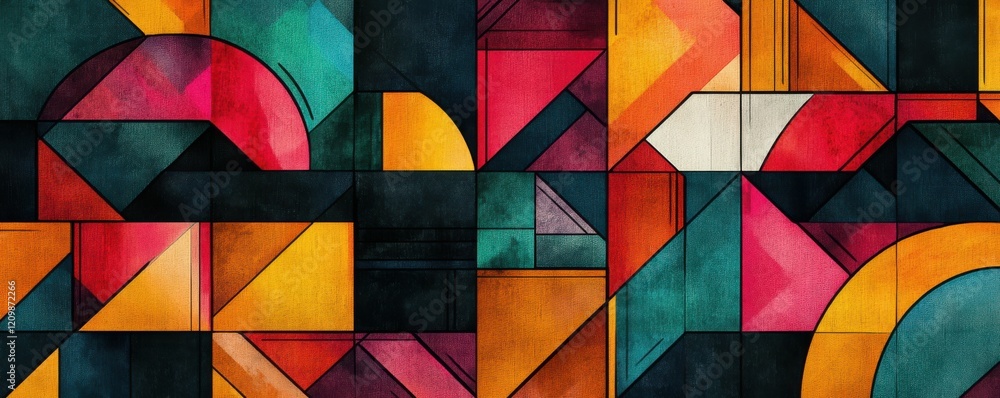 Poster artistic composition of abstract geometric patterns with vibrant colors.