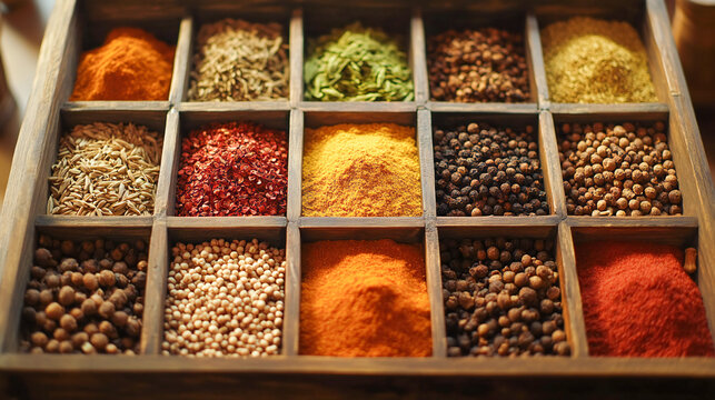 Indian spices used in Indian cooking sush as masala hot curry whole spices like turmeric. Top view of spices in boxes