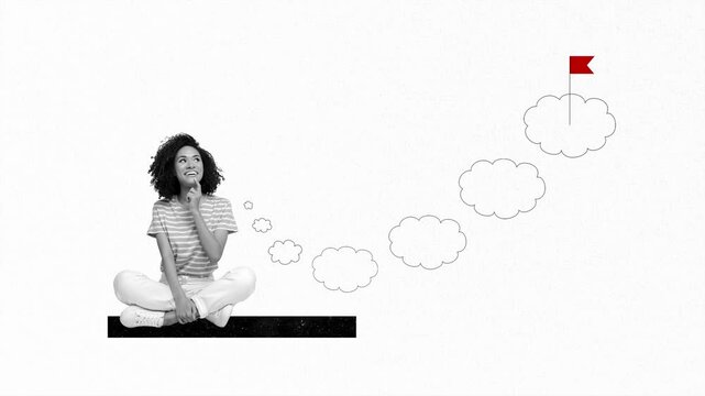 3d sketch motion trend collage video of happy american girl sit dream cloud imagination flag aim achievement success 