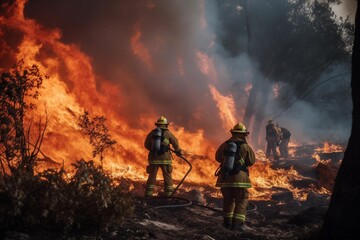 Firefighters combating intense wildfire with blazing flames and thick smoke in a forested area
