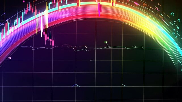 Colorful financial chart displaying market trends with vibrant lines and indicators against a dark background