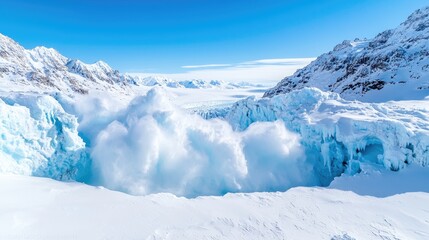 Glacier calving in snowy mountains, winter landscape, environmental impact