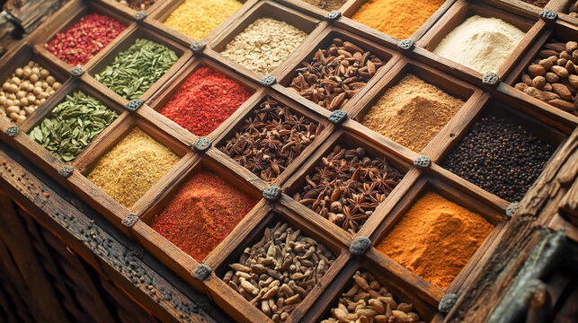 Indian spices used in Indian cooking sush as masala hot curry whole spices like turmeric. Top view of spices in boxes