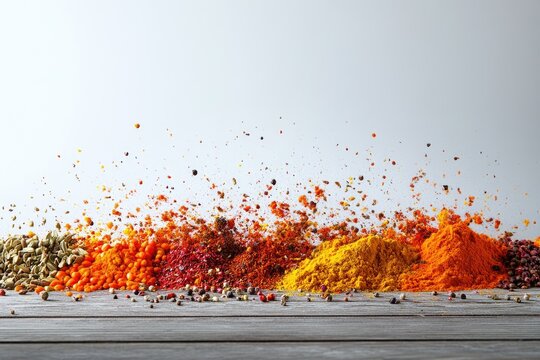 A vibrant collection of colorful spices, including turmeric, paprika, and lentils, create a visually stunning display.
