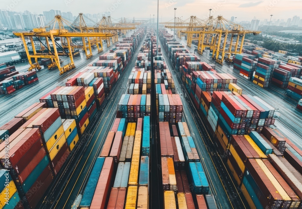 Poster aerial view of a busy shipping port filled with colorful container cargo and cranes in a modern indu