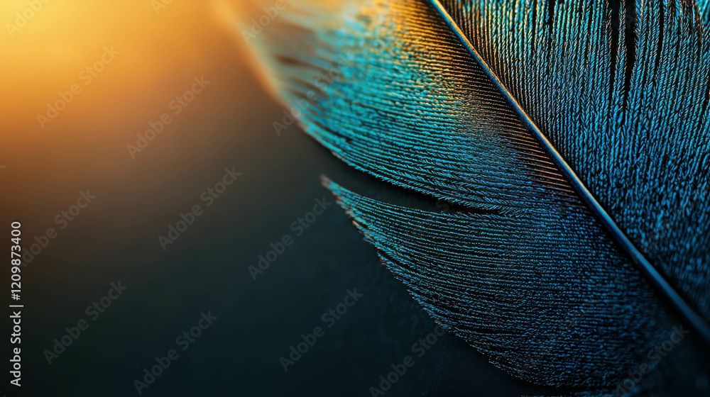 Poster vibrant close-up macro shot of peacock feather capturing rich texture and color patterns