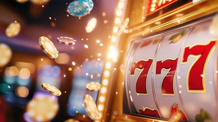 Exciting slot machine game casino jackpot floor art nighttime close-up winning thrill