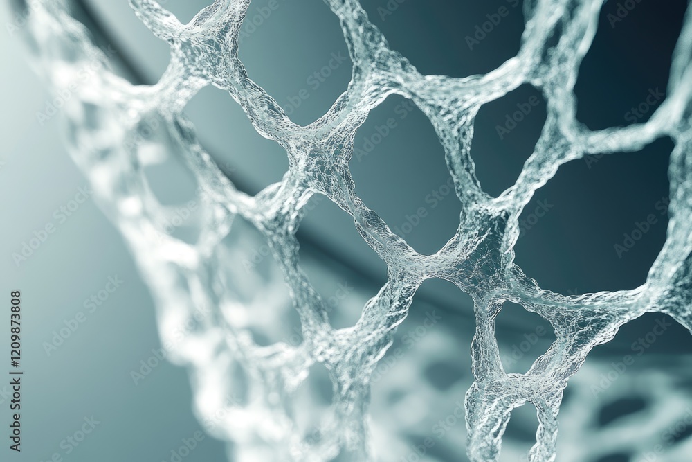 Poster Abstract close-up of a complex, interconnected, translucent network structure resembling a cellular or molecular lattice.