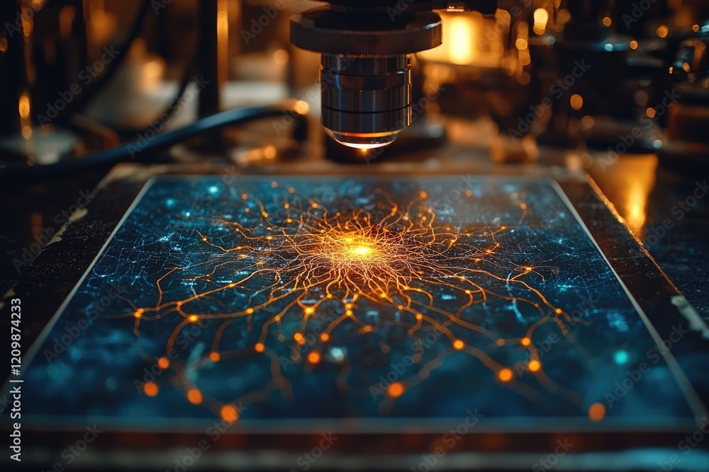 Fototapete microscope focuses on a complex network, resembling neural connections or a technological system.