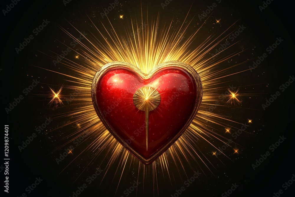 Poster vibrant red heart with golden rays and sparkles illuminating a dark background in a visually strikin