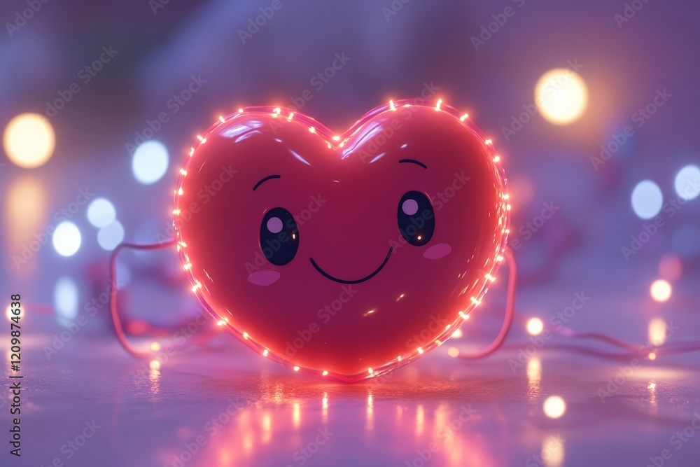 Aufkleber Heart-shaped decoration with cheerful expression illuminated by string lights in a cozy setting