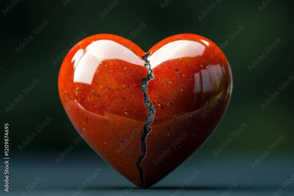 Aufkleber heart-shaped stone with a prominent crack sits on a textured surface against a blurred dark backgrou