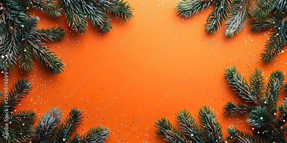 Poster a close-up of a beautiful orange backdrop with dazzling trees and green fir branches on either side 