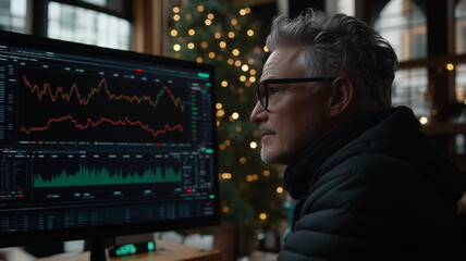 man analyzes stock market data on computer screen in cozy setting. atmosphere is warm, with festive lights in background, reflecting blend of focus and holiday spirit