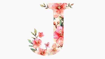 Elegant Monogram J Floral Letter with Watercolor Flowers and Leaves