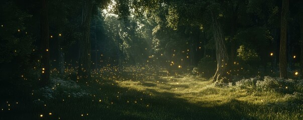 A serene forest clearing illuminated by moonlight, with fireflies dancing in the shadows.