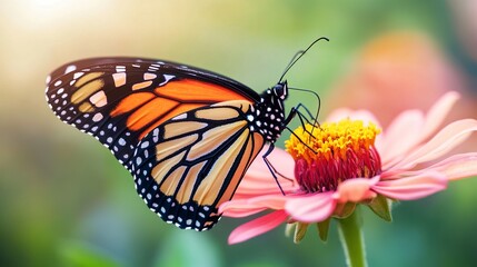 Fototapeta premium Butterfly resting on a bright flower, soft focus, vibrant colors, highly detailed, natural and delicate, warm and inviting