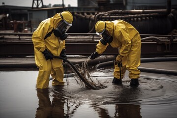 Fototapeta premium Workers in hazmat suits cleaning contaminated water in industrial area with heavy equipment in the background