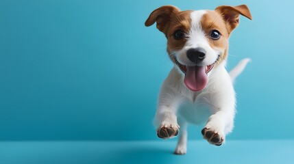 Playful Puppy's Cheerful Romp in Blue Studio Setting