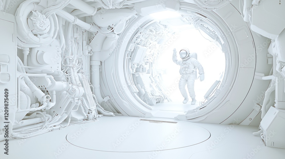 Poster a bright, futuristic space environment featuring an astronaut near a circular hatch, creating a sens