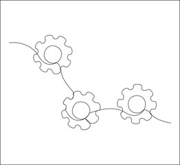 One continuous line drawing of gears machine work. single line of teamwork concept drawing.  gears moving illustration. editable stroke