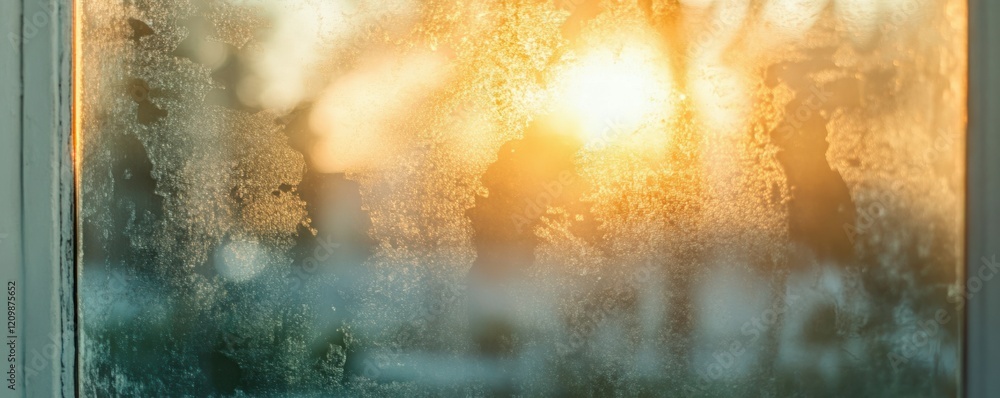 Poster artistic photo of frosted window glass with soft sunlight filtering through.