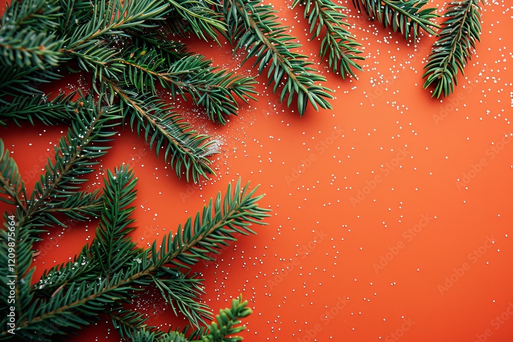 Poster a close-up of a beautiful orange backdrop with dazzling trees and green fir branches on either side 
