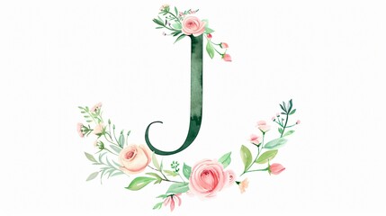 Elegant Wedding Monogram Art Letter J with Watercolor Flowers