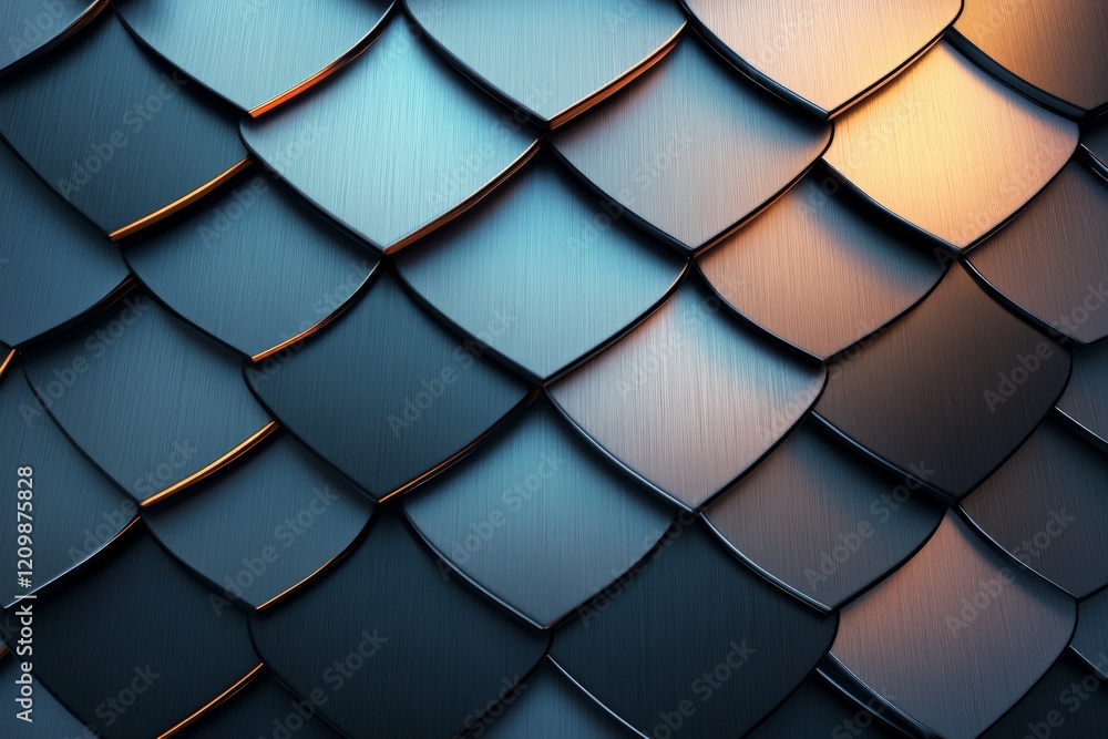 Poster textured metallic scales illuminated in soft light create a contemporary design aesthetic indoors
