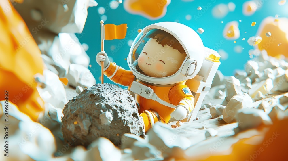 Poster a playful astronaut child explores a colorful asteroid field, holding a flag amidst floating rocks a