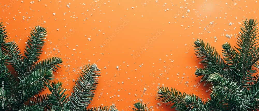 Poster a close-up of a beautiful orange backdrop with dazzling trees and green fir branches on either side 