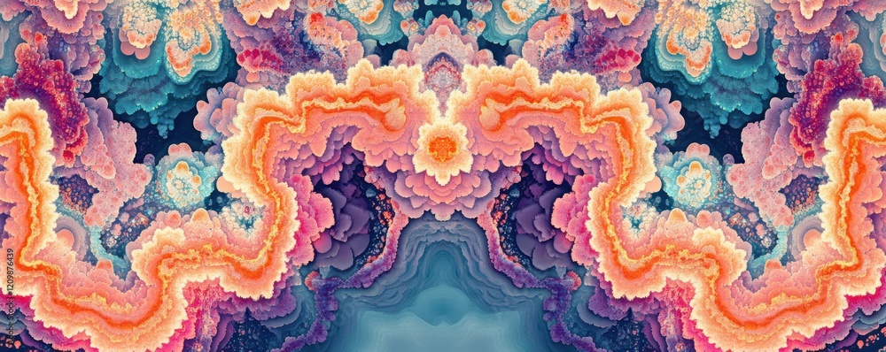 Poster a fractal pattern infinitely expanding and intertwining, creating a hypnotic dance of shapes, repres