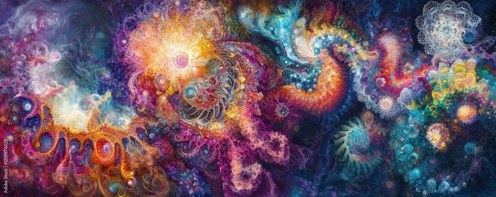 Poster a fractal pattern infinitely expanding and intertwining, creating a hypnotic dance of shapes, repres