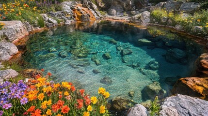 A crystal-clear hot spring pool surrounded by colorful mineral formations and vibrant wildflowers.