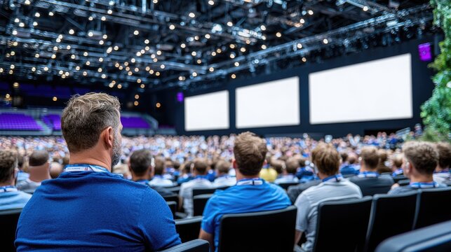 Conference attendees in large hall, listening to presentation