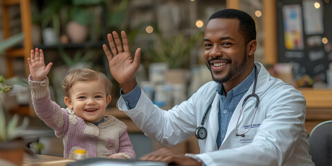 A pediatric doctor and a young child wave joyfully during a check-up at a clinic.