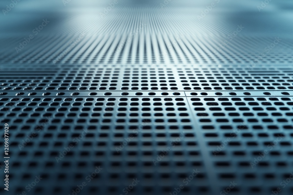 Leinwandbilder Metal grid surface captured from a low angle showcasing intricate patterns and reflections in a modern environment