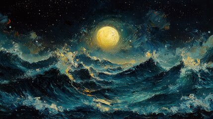Night seascape painting, full moon over stormy ocean waves.