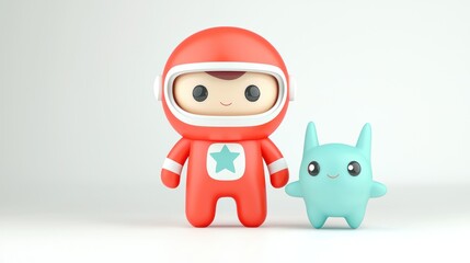 Fototapeta premium A colorful astronaut figure in a red suit stands beside a cute turquoise creature, showcasing a playful and whimsical design.