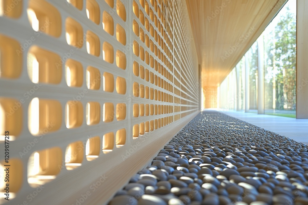 Aufkleber elegant architectural design featuring wooden elements and pebble pathway in a modern space