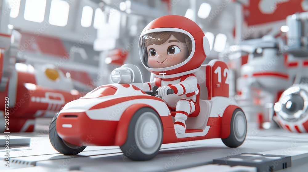Aufkleber a cute character in a red and white space-themed go-kart races through a futuristic setting filled w