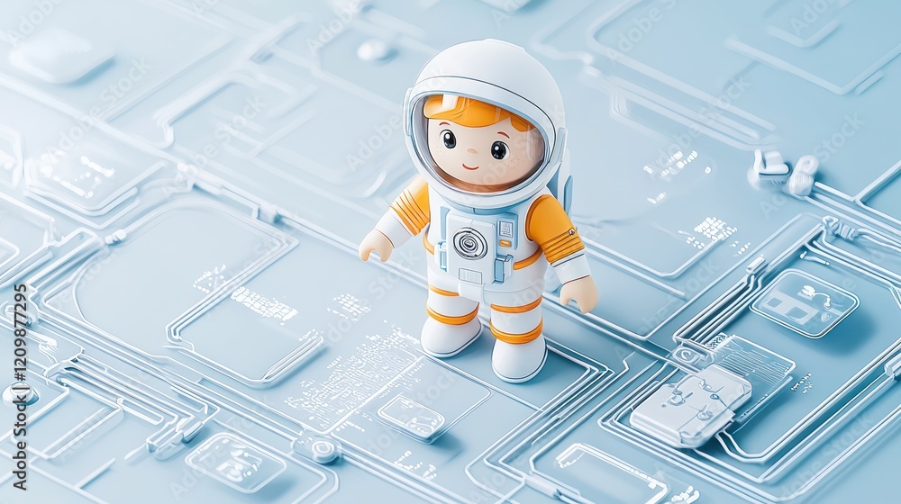 Poster a playful astronaut figure stands on a futuristic circuit board, blending themes of space exploratio