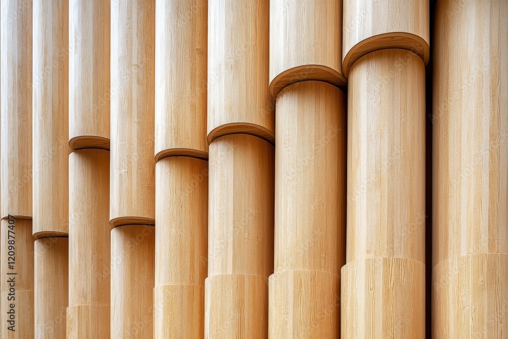 Poster textured wooden columns arranged in a modern architectural design at a contemporary building in brig