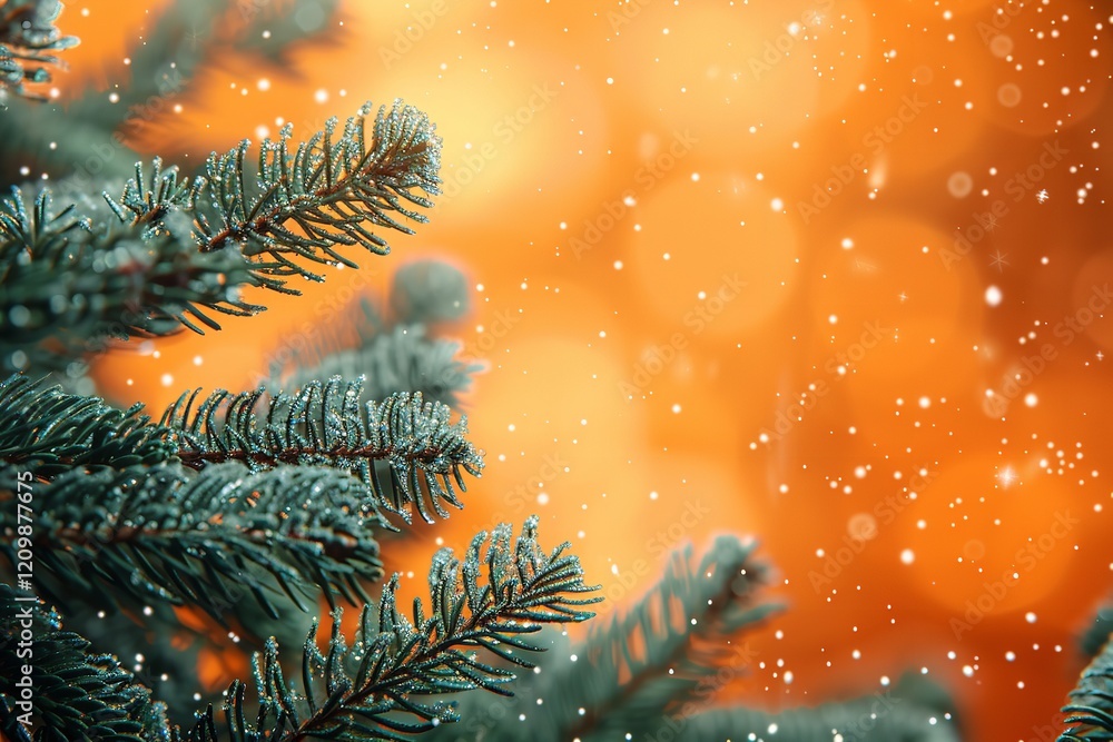 Poster a close-up of a beautiful orange backdrop with dazzling trees and green fir branches on either side 
