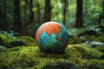 Vibrant Earth Globe Resting on Lush Green Moss in a Serene Forest Environment Capturing Nature's Beauty and Global Connection