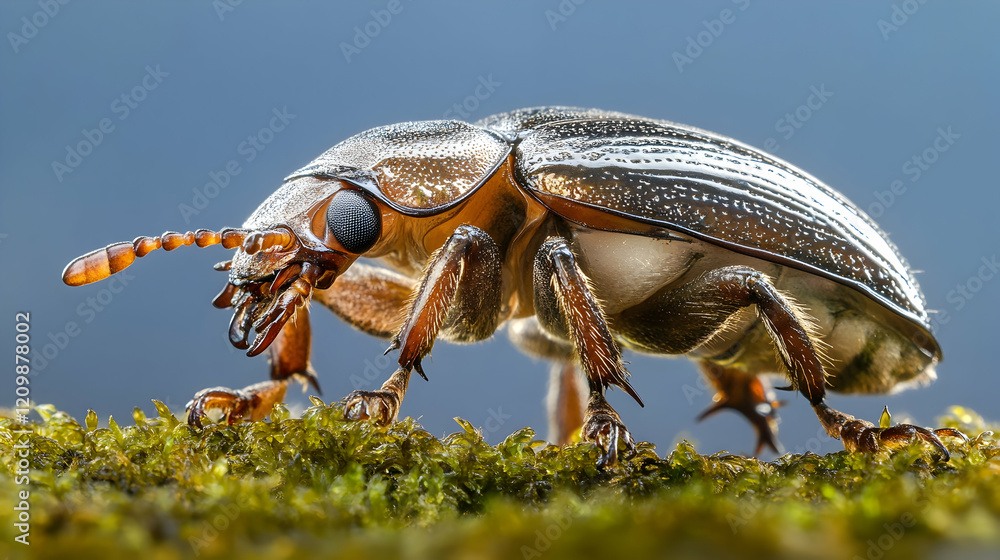 Aufkleber a beetle walking on damp moss, emphasizing its shiny shell and textured legs in clear and bright con