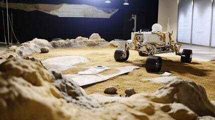 A robotic rover exploring a simulated Martian landscape in a research facility, clean and innovative environment with a focus on space exploration robotics, Space style