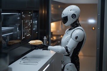 Fototapeta premium Robot chef prepares pancakes in a modern kitchen with advanced technology setting